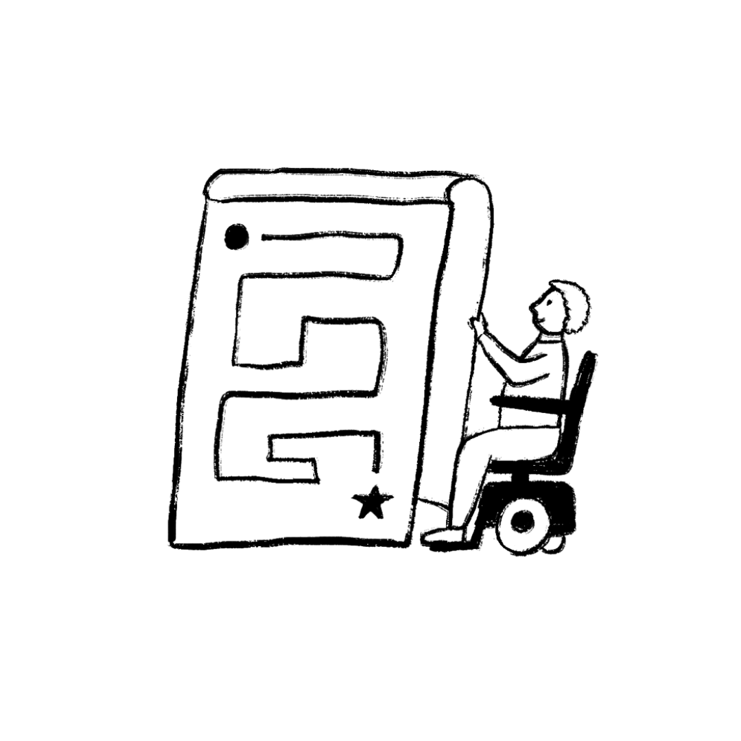 An illustration of a person in a wheelchair holding a maze with a completed line inside of it.